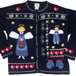 Vintage Nutcracker Angel Christmas Sweater‎ Women’s M Holiday Black Cardigan
